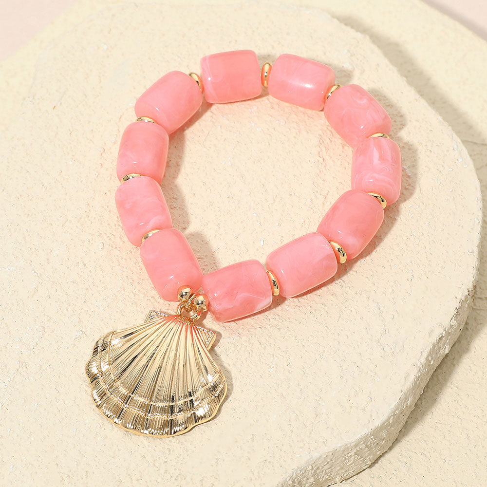 Bold Textured Seashell Charm Chunky Resin Beaded Stretch Bracelet