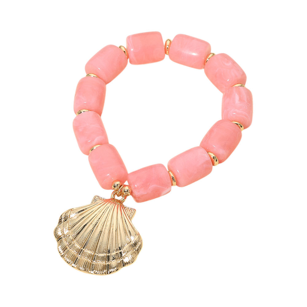 Bold Textured Seashell Charm Chunky Resin Beaded Stretch Bracelet