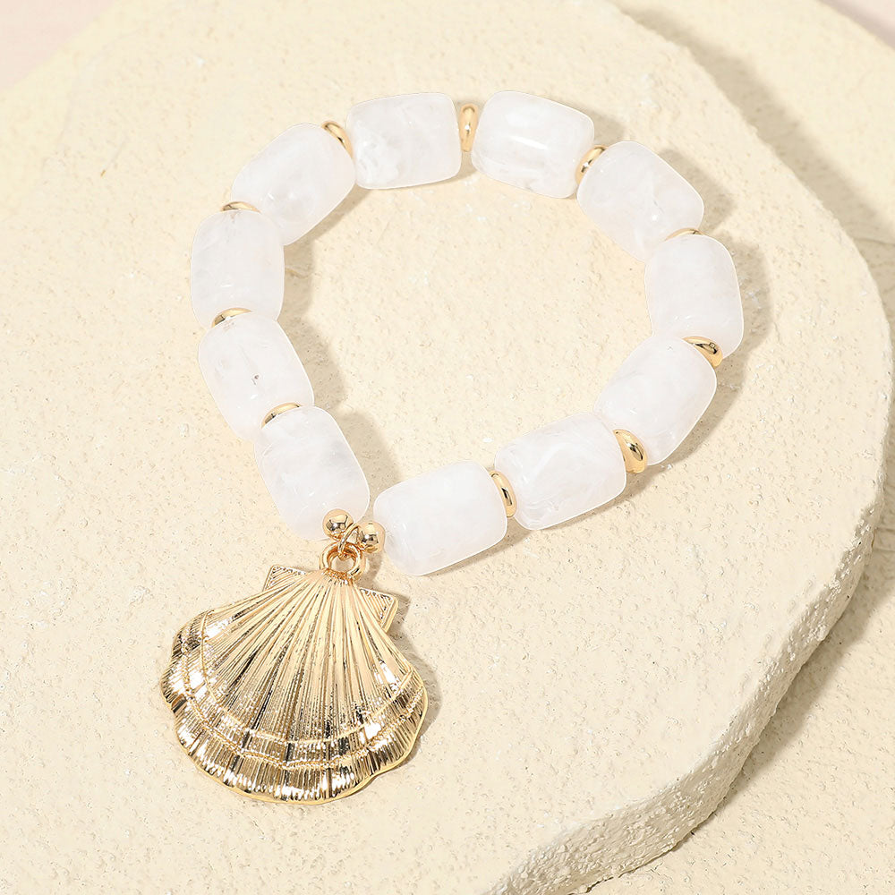 Bold Textured Seashell Charm Chunky Resin Beaded Stretch Bracelet