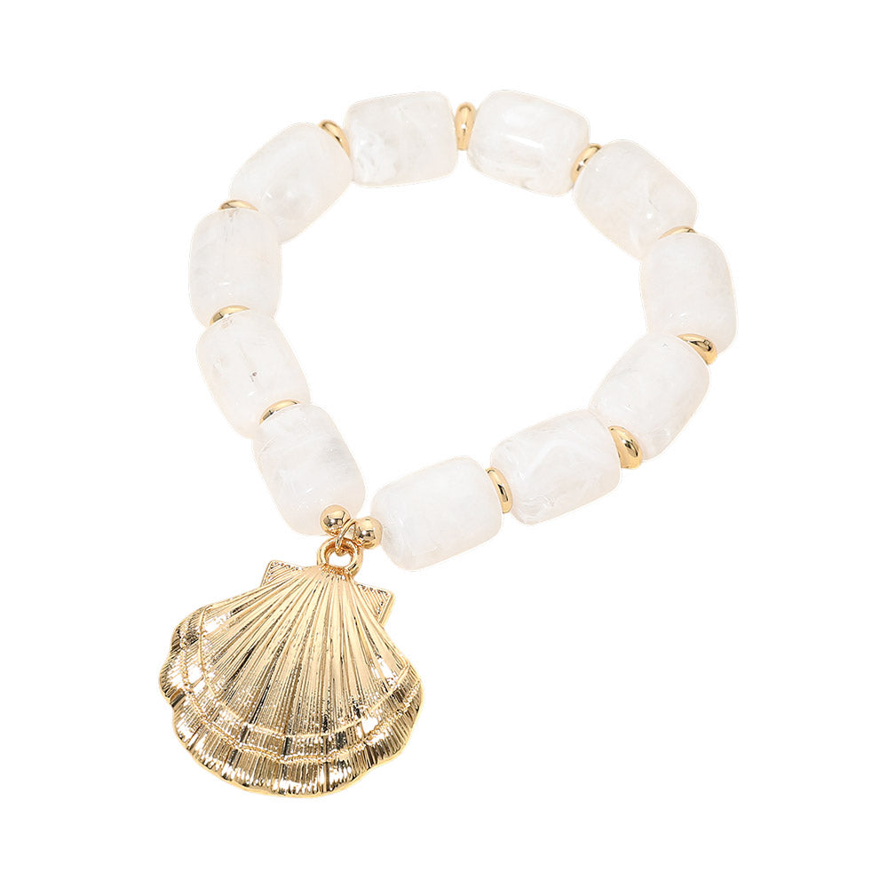 Bold Textured Seashell Charm Chunky Resin Beaded Stretch Bracelet
