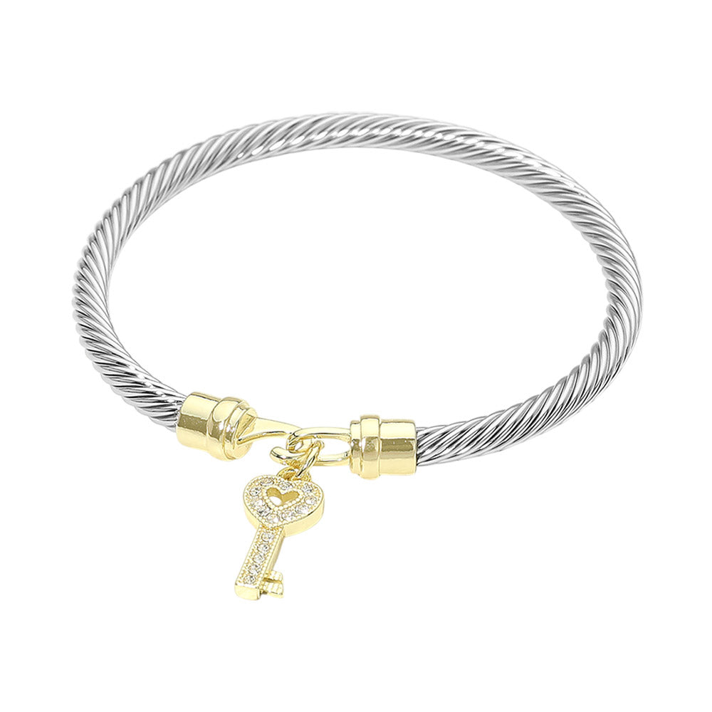 Two Tone CZ Pave Key Charm Cable Bangle Bracelet