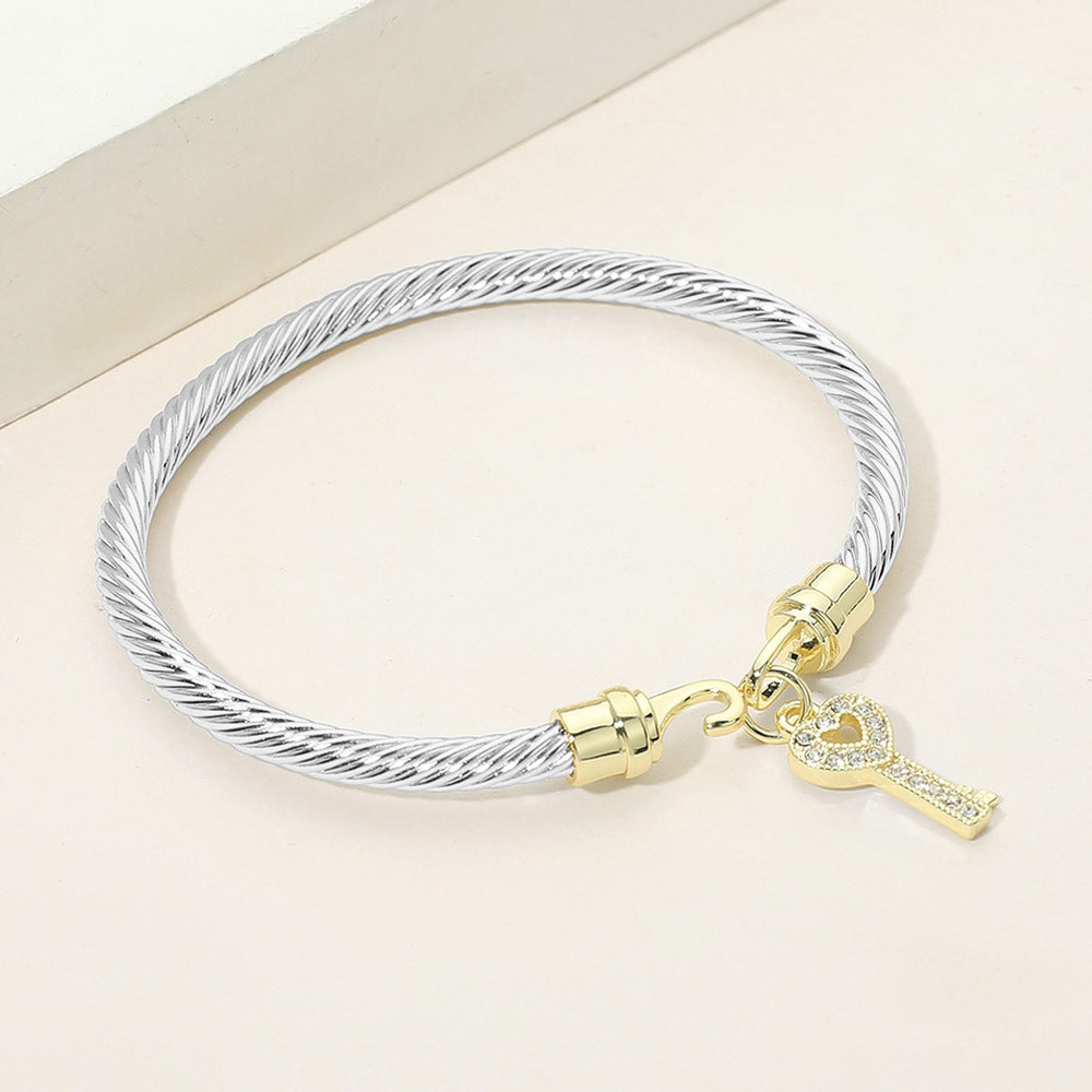 Two Tone CZ Pave Key Charm Cable Bangle Bracelet
