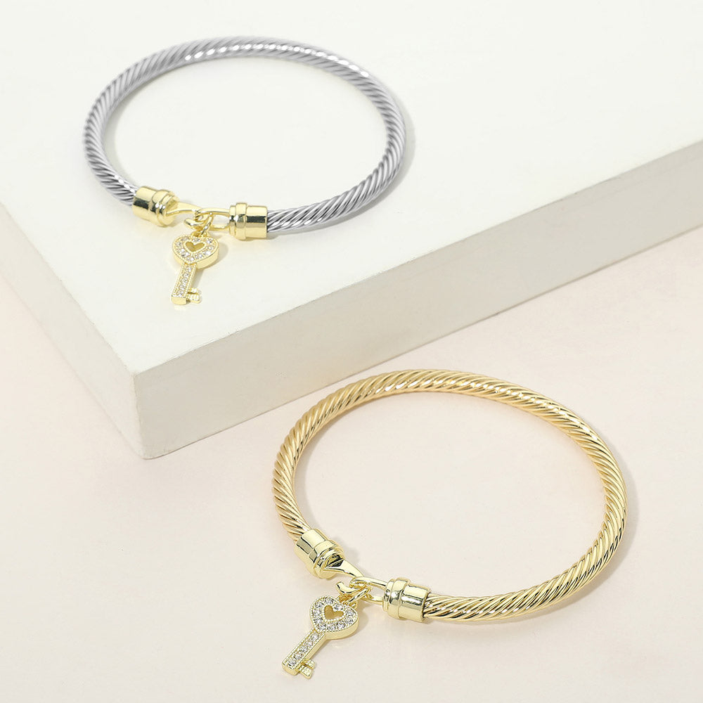 Two Tone CZ Pave Key Charm Cable Bangle Bracelet