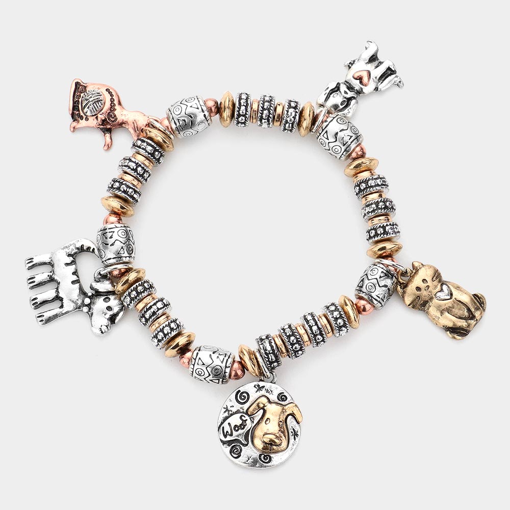 Metal Cat Dog Charm Station Stretch Bracelet
