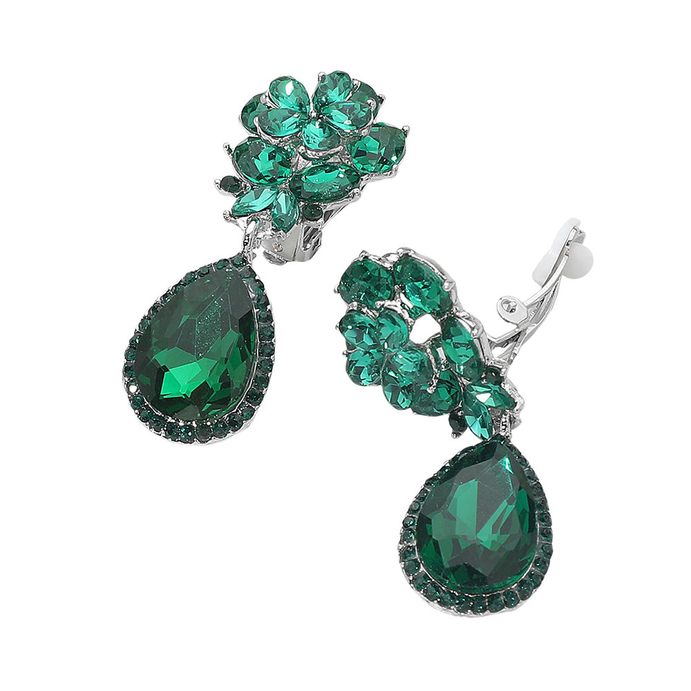 Flower Glass Crystal Teardrop Dangle Clip On Earrings