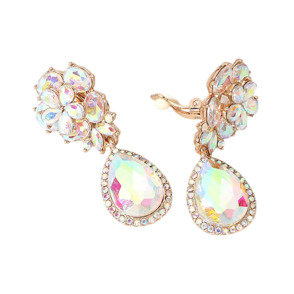 Flower Glass Crystal Teardrop Dangle Clip On Earrings