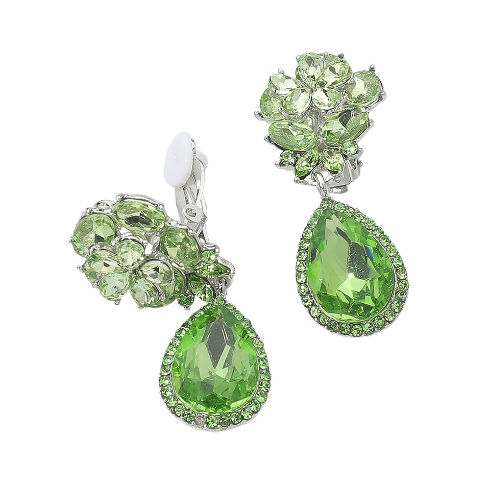 Flower Glass Crystal Teardrop Dangle Clip On Earrings