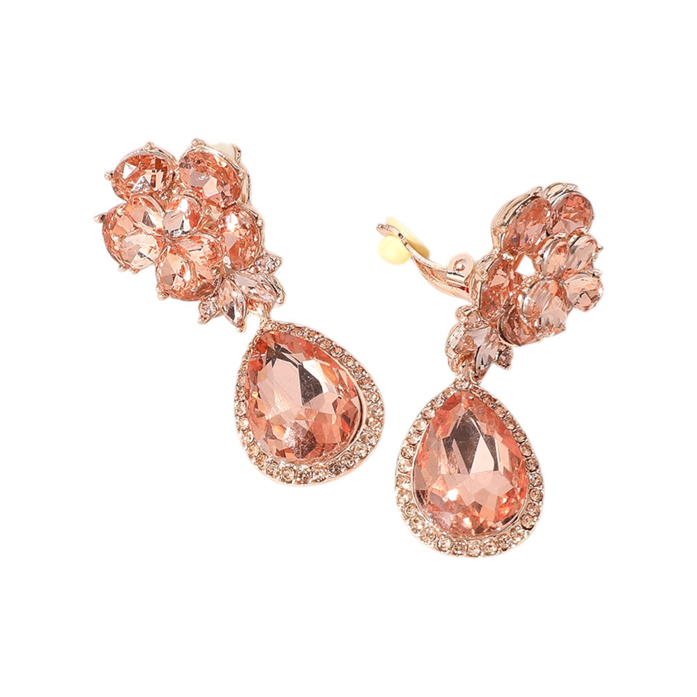 Flower Glass Crystal Teardrop Dangle Clip On Earrings