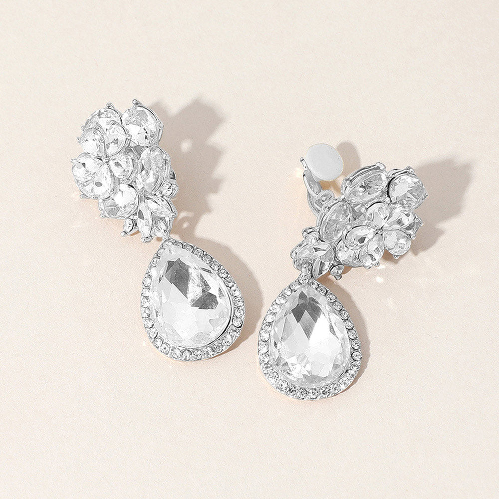 Flower Glass Crystal Teardrop Dangle Clip On Earrings