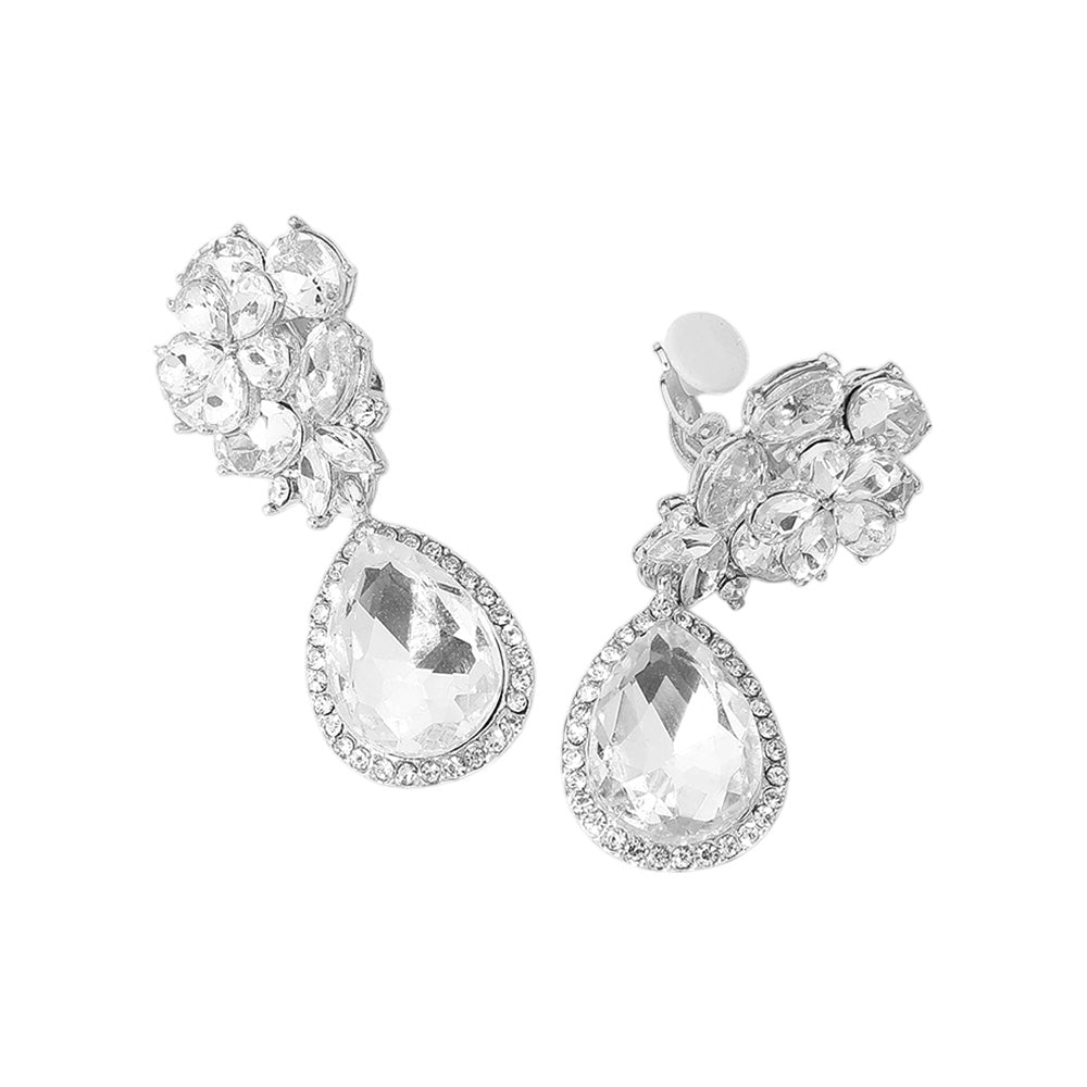 Flower Glass Crystal Teardrop Dangle Clip On Earrings