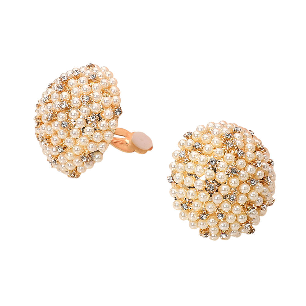 Beaded Pearl Rhinestone Embellished Dome Clip On Earrings