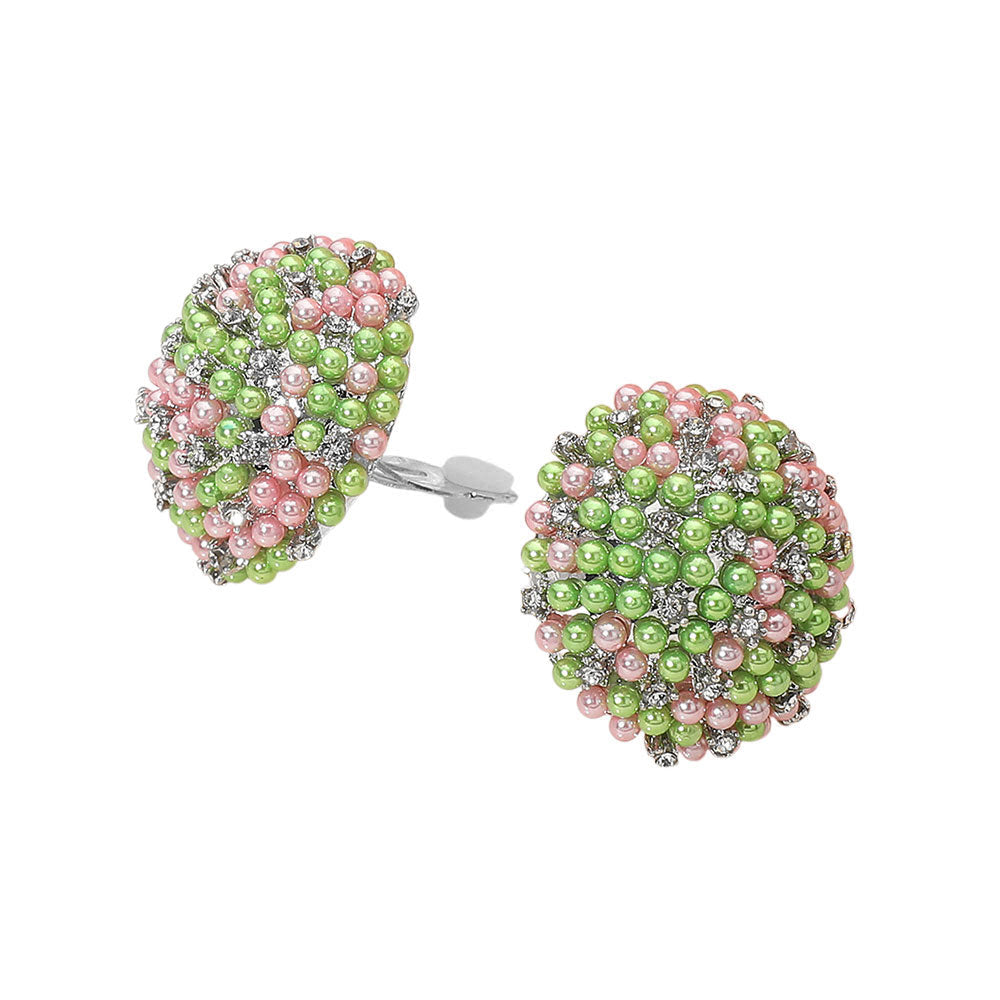 Beaded Pearl Rhinestone Embellished Dome Clip On Earrings
