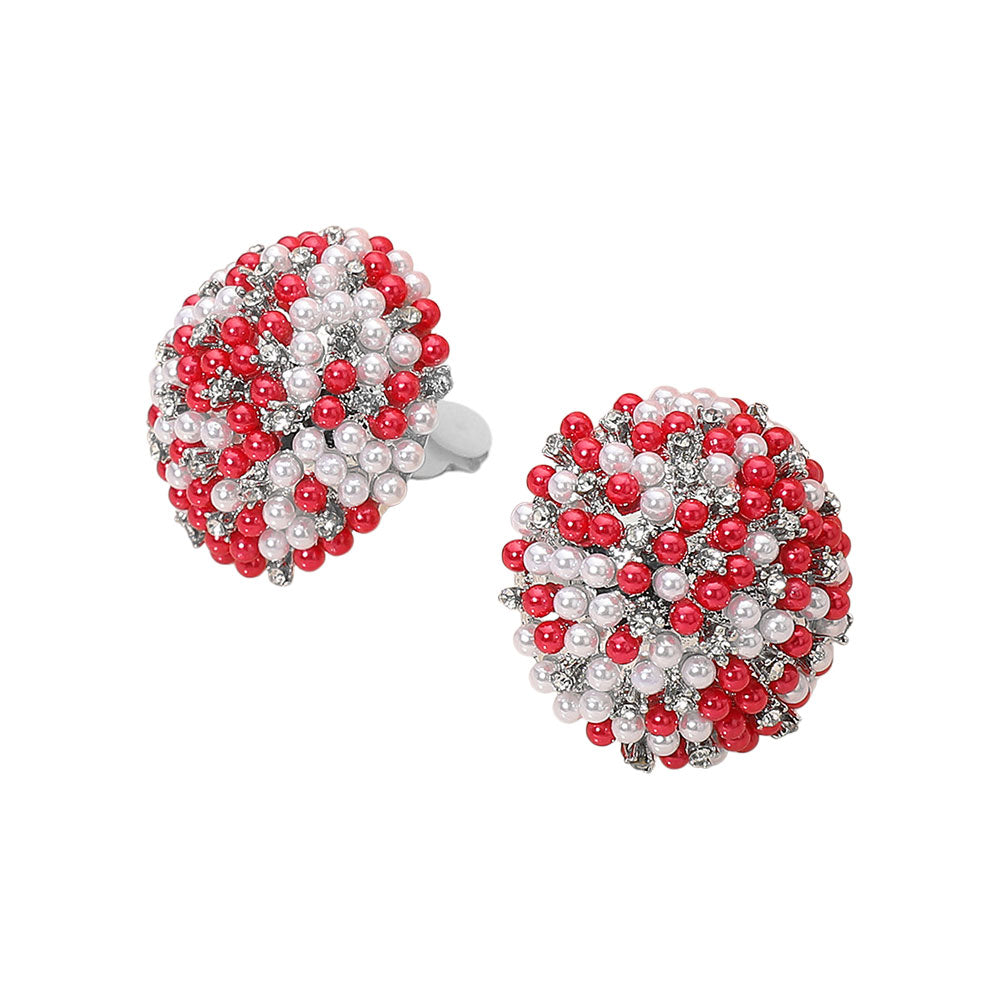 Beaded Pearl Rhinestone Embellished Dome Clip On Earrings