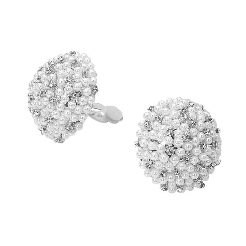 Beaded Pearl Rhinestone Embellished Dome Clip On Earrings