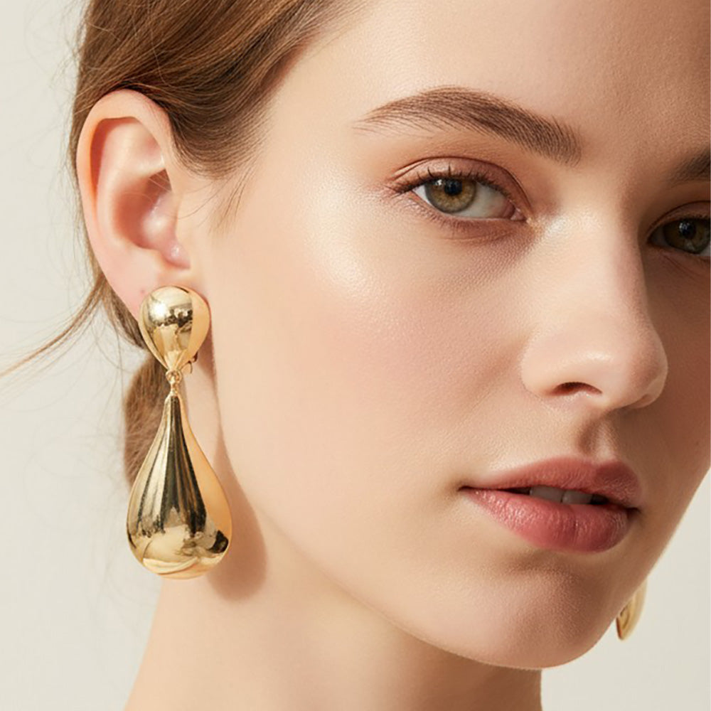 Bold Polished Metal Teardrop Clip On Statement Earrings