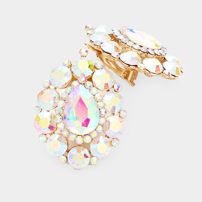 Crystal Round Trimmed Teardrop Clip On Evening Earrings