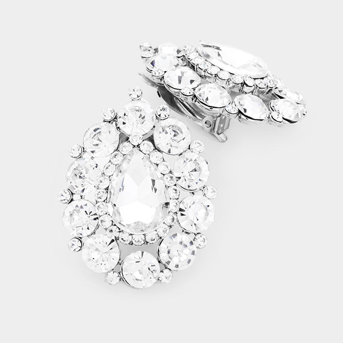 Crystal Round Trimmed Teardrop Clip On Evening Earrings