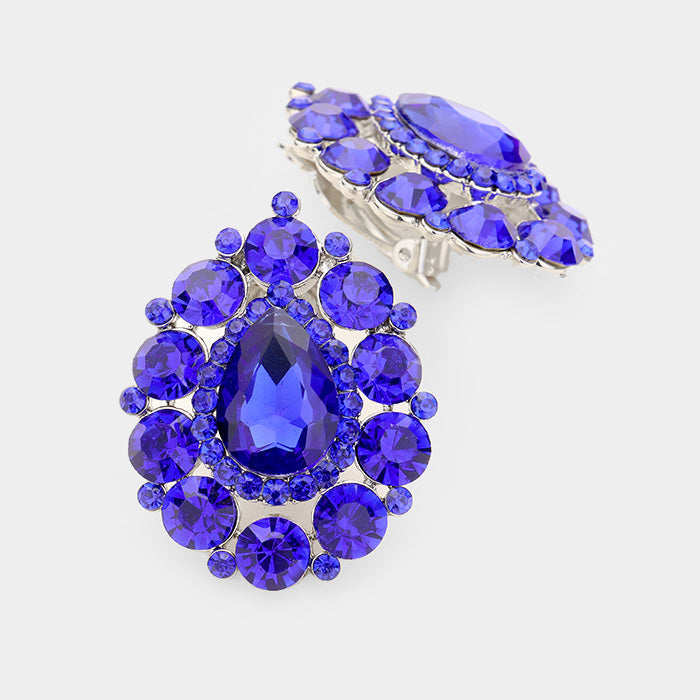 Crystal Round Trimmed Teardrop Clip On Evening Earrings