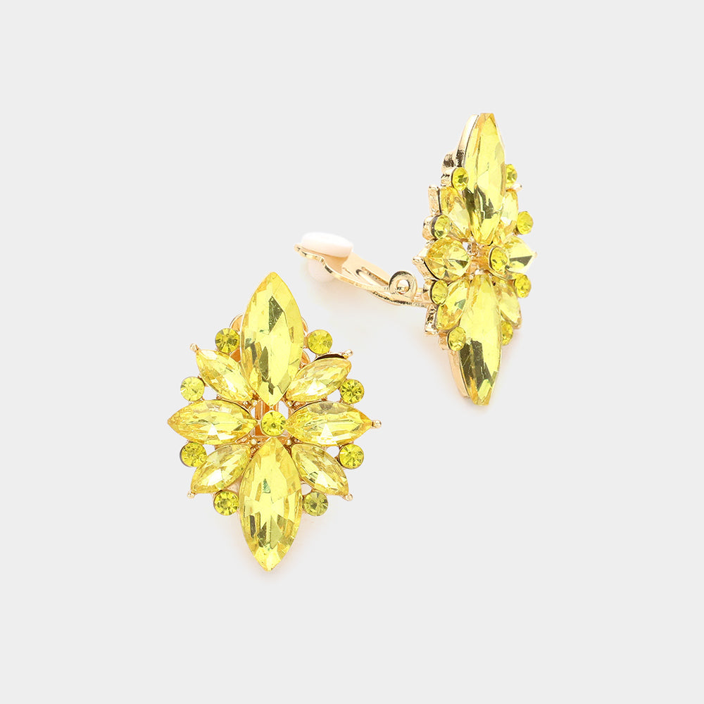 Marquise Round Stone Cluster Clip on Evening Earrings