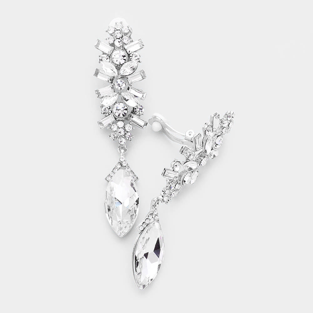 Crystal Marquise Rhinestone Pave Evening Clip On Earrings
