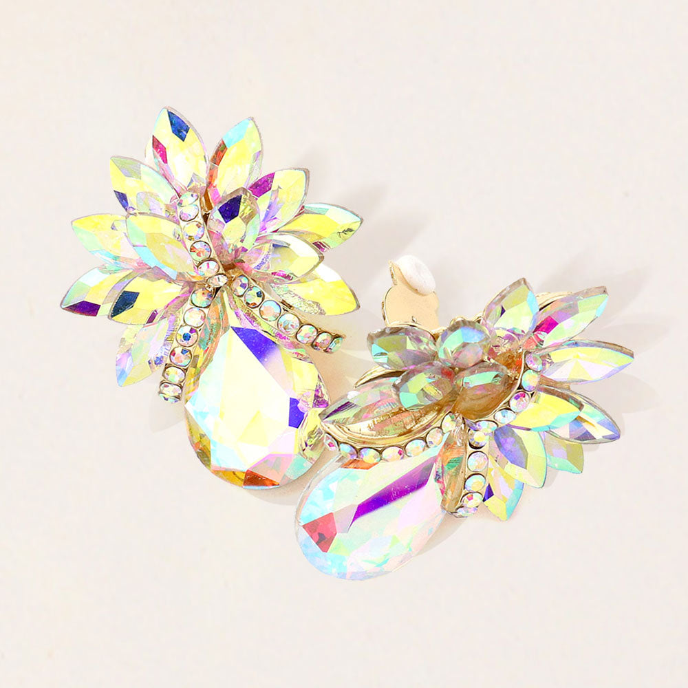 Teardrop Stone Accented Clip on Evening Earrings