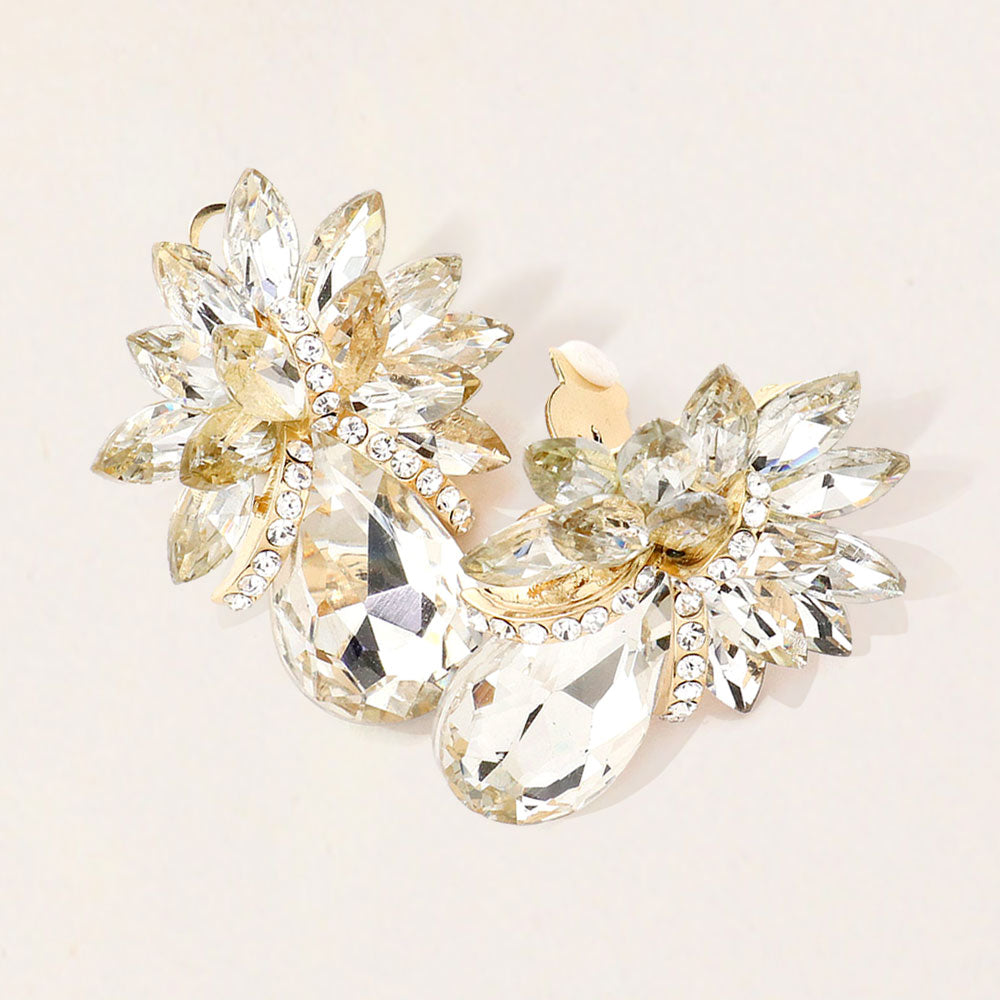 Teardrop Stone Accented Clip on Evening Earrings