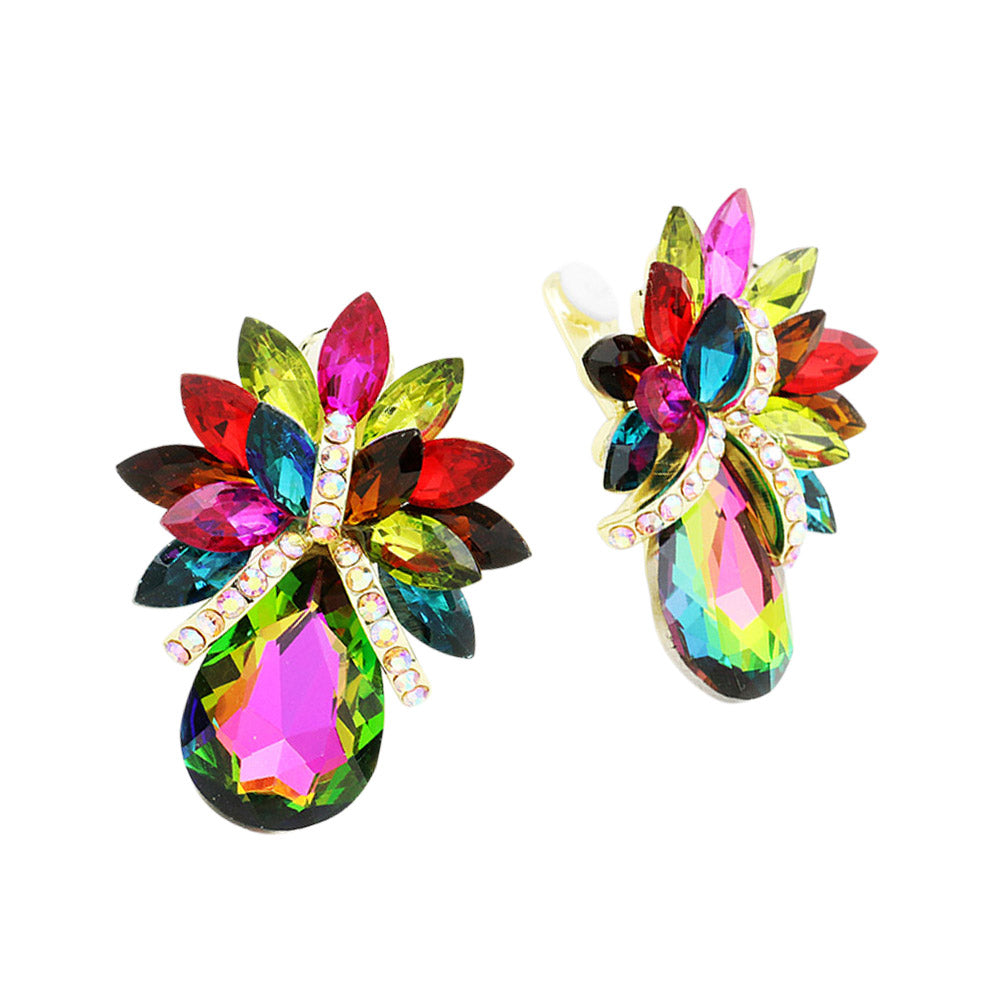 Teardrop Stone Accented Clip on Evening Earrings