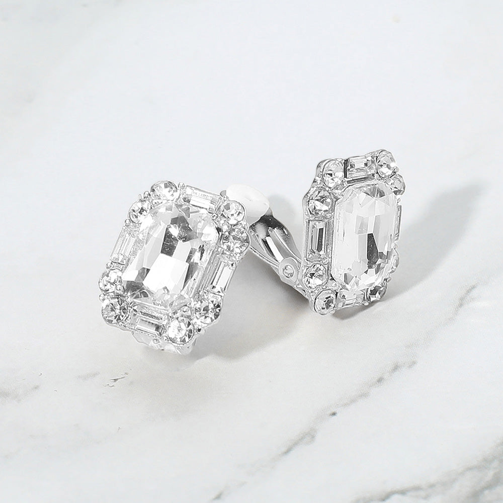 Emerald Cut Stone Evening Clip On Earrings