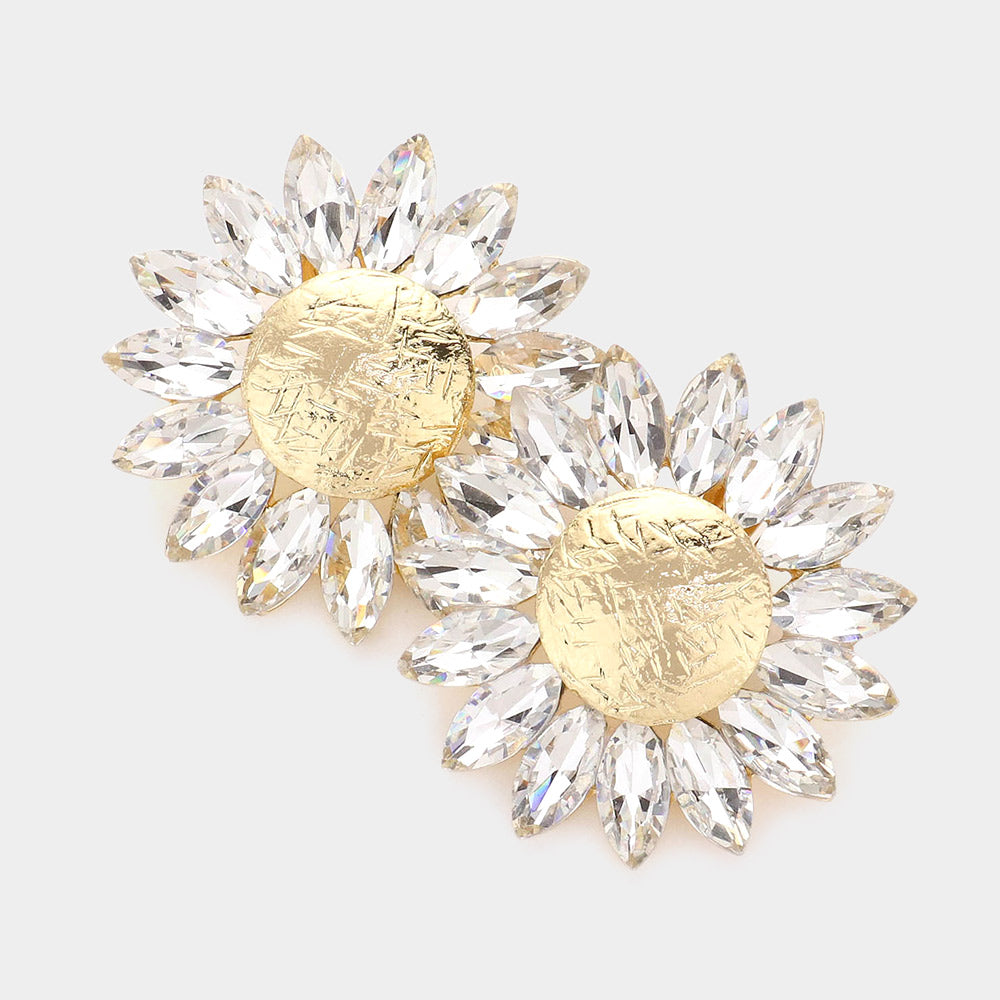Marquise Stone Trimmed Flower Clip on Evening Earrings