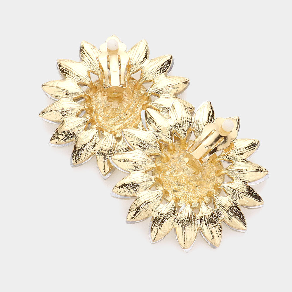 Marquise Stone Trimmed Flower Clip on Evening Earrings