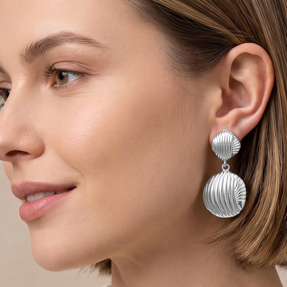 Ribbed Metal Disc Drop Clip On Earrings