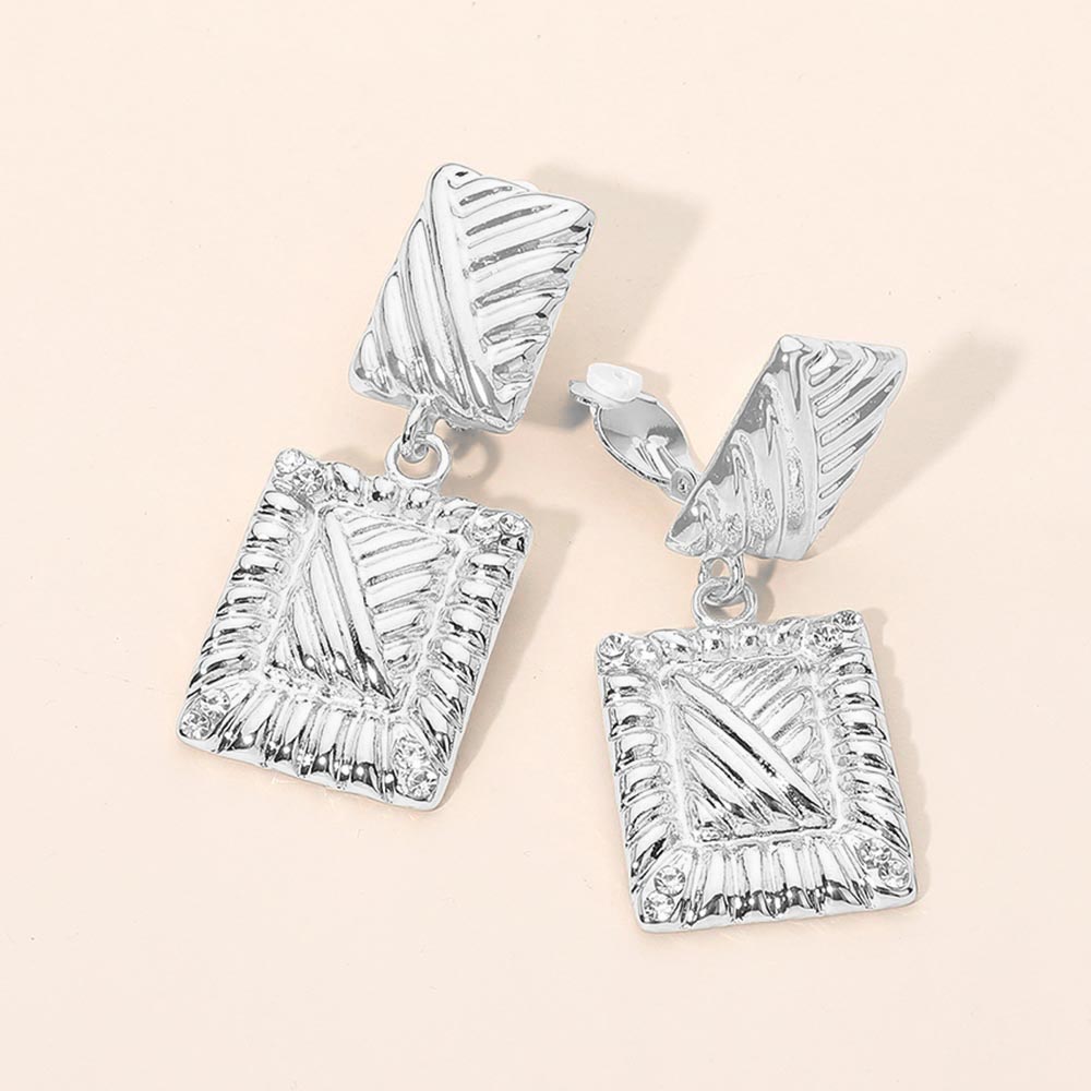 Textured Metal Geometric Rectangle Frame Drop Clip On Earrings