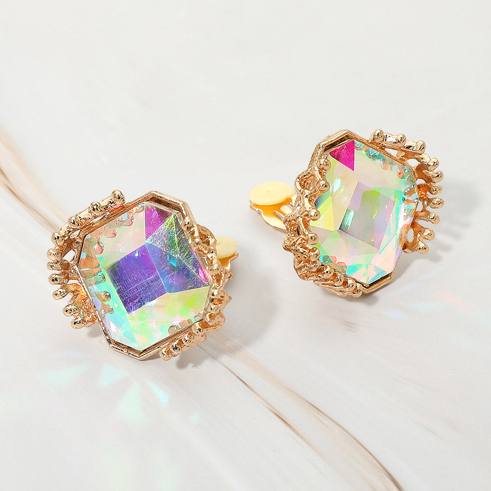 Faceted Square Glass Stone Frame Evening Statement Clip On Earrings