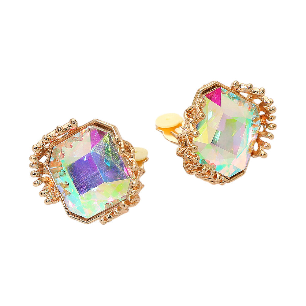 Faceted Square Glass Stone Frame Evening Statement Clip On Earrings