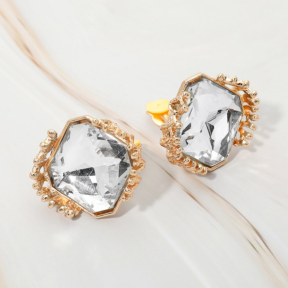 Faceted Square Glass Stone Frame Evening Statement Clip On Earrings