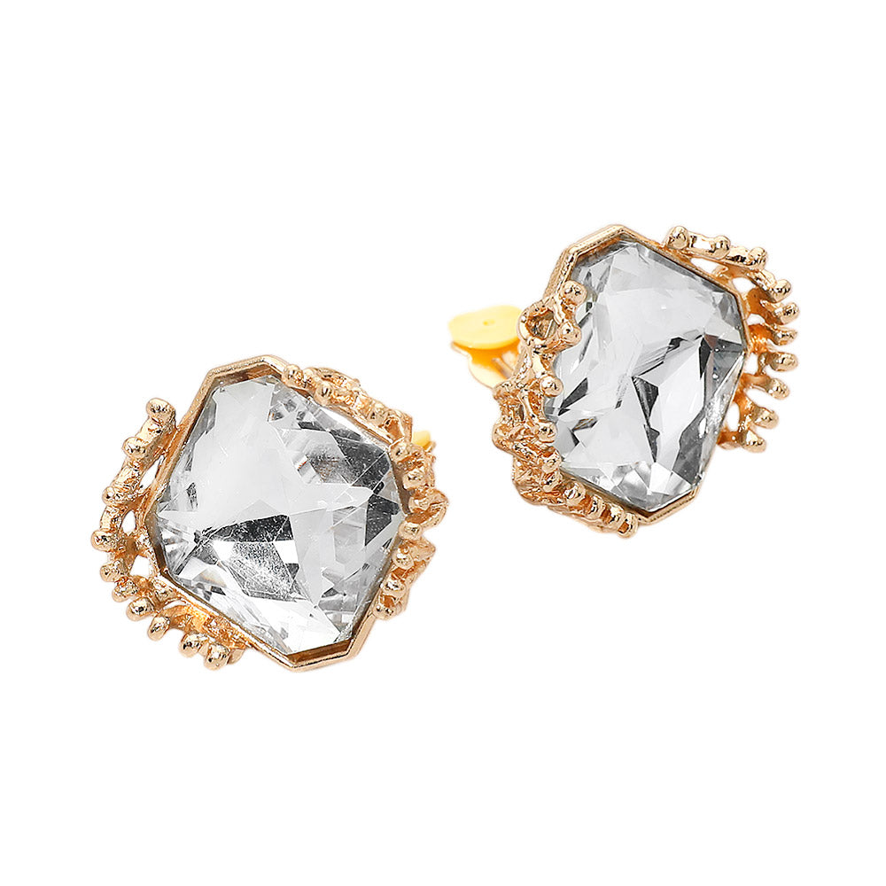 Faceted Square Glass Stone Frame Evening Statement Clip On Earrings