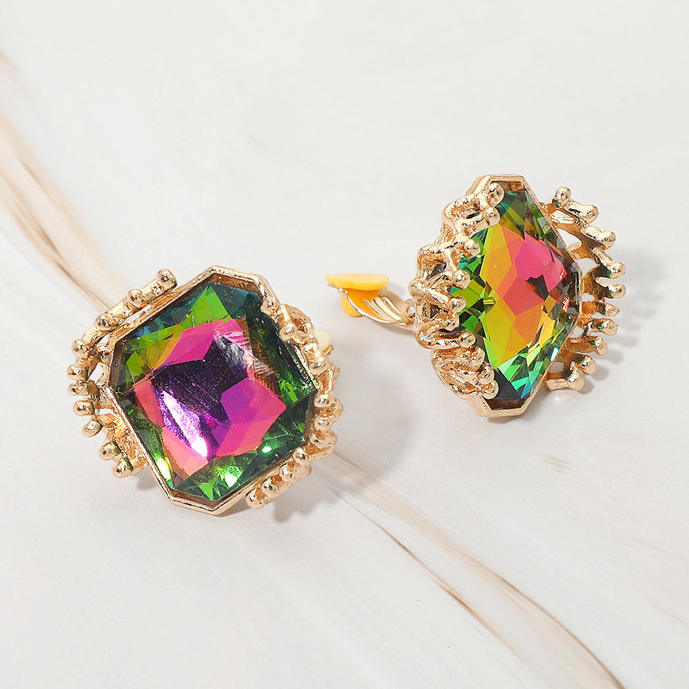 Faceted Square Glass Stone Frame Evening Statement Clip On Earrings