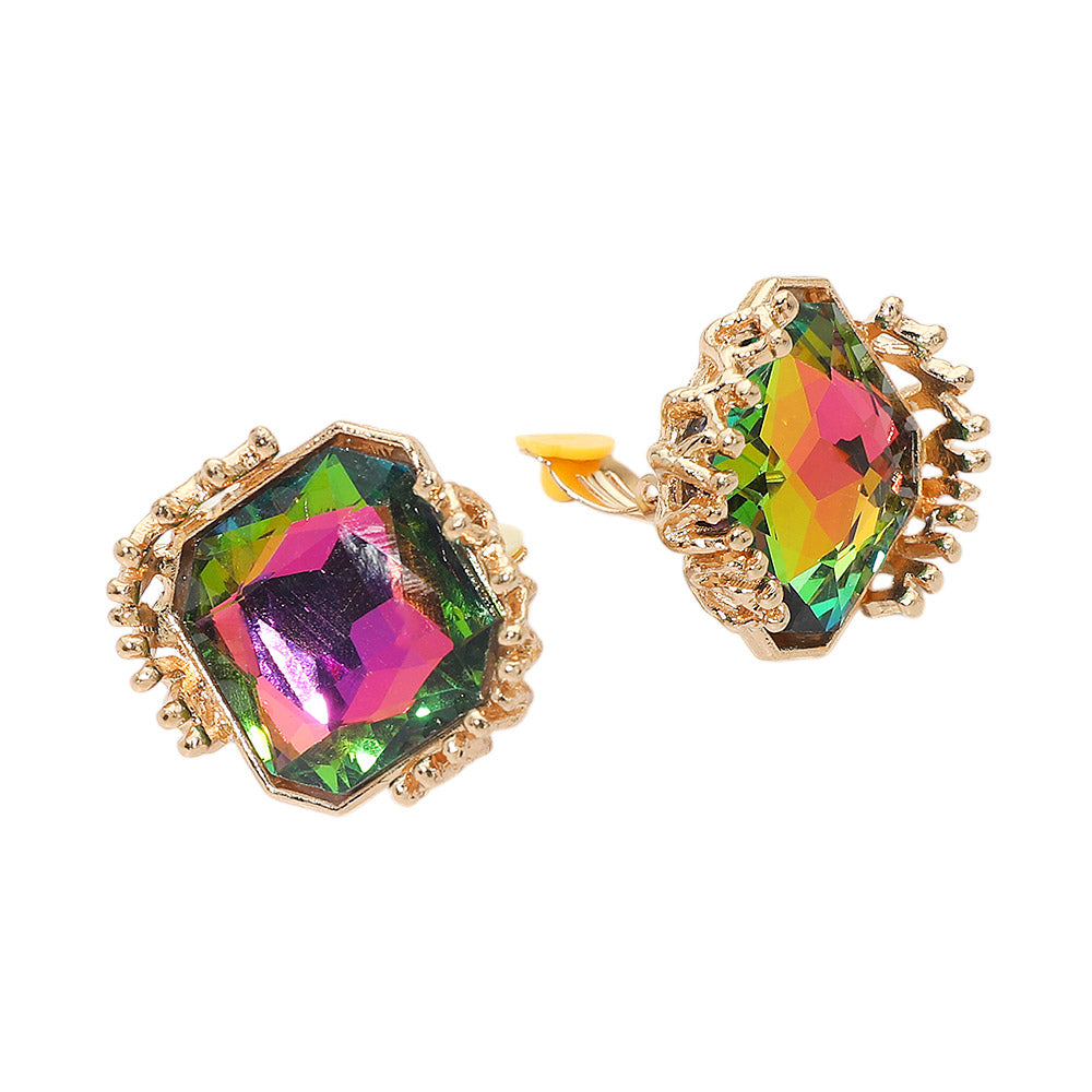 Faceted Square Glass Stone Frame Evening Statement Clip On Earrings