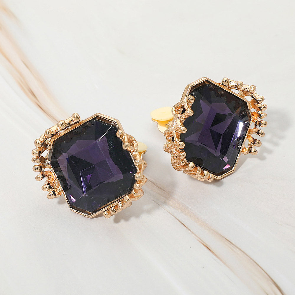Faceted Square Glass Stone Frame Evening Statement Clip On Earrings