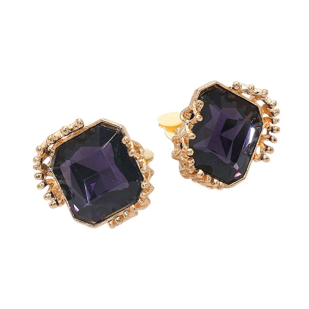 Faceted Square Glass Stone Frame Evening Statement Clip On Earrings