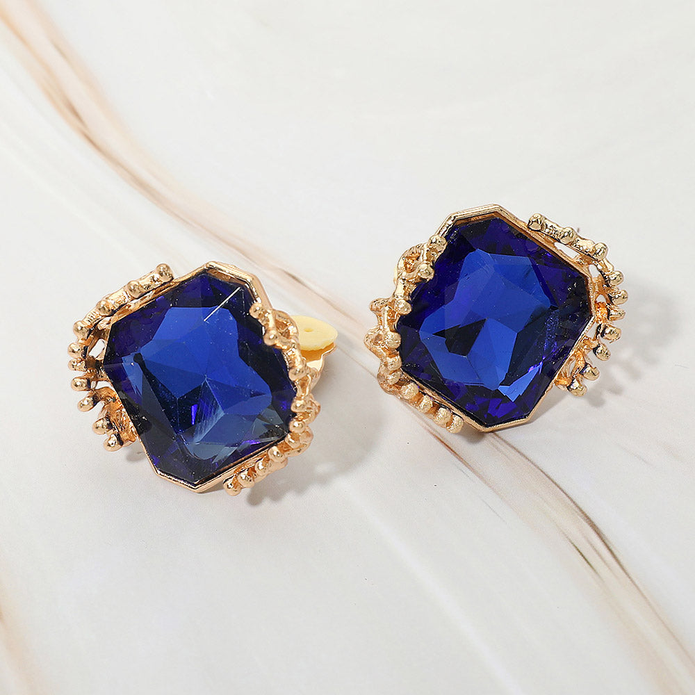 Faceted Square Glass Stone Frame Evening Statement Clip On Earrings