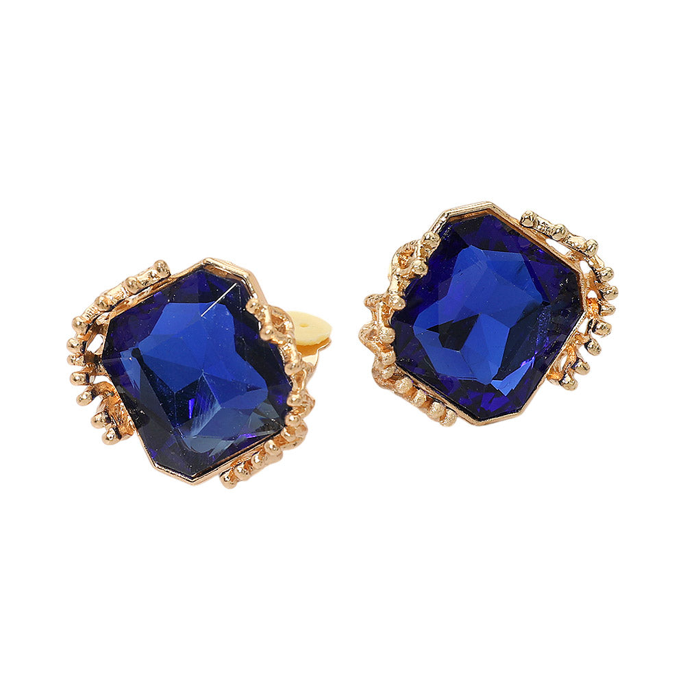 Faceted Square Glass Stone Frame Evening Statement Clip On Earrings