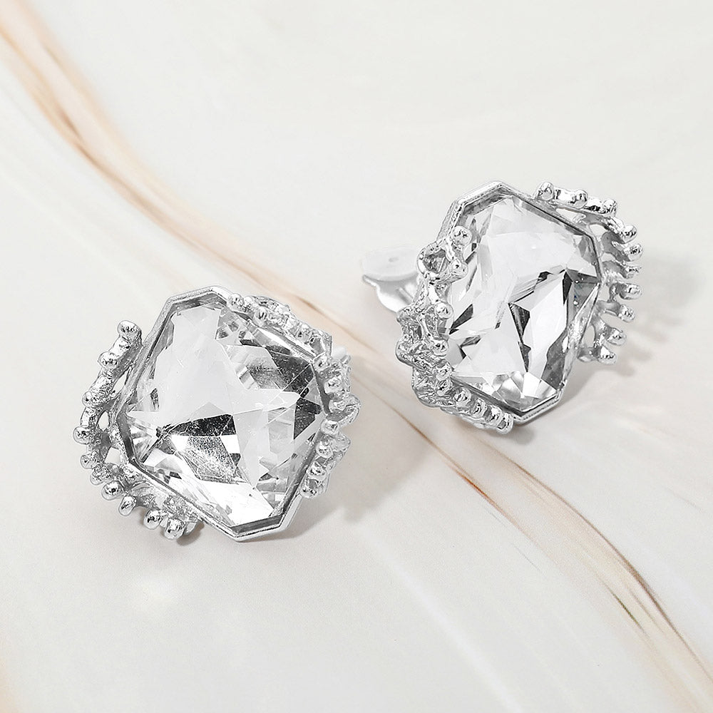 Faceted Square Glass Stone Frame Evening Statement Clip On Earrings