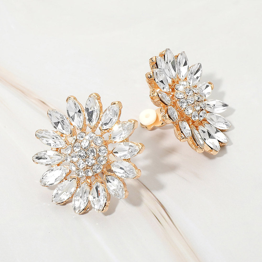 Marquise Stone Cluster Petal Flower Statement Clip On Earrings