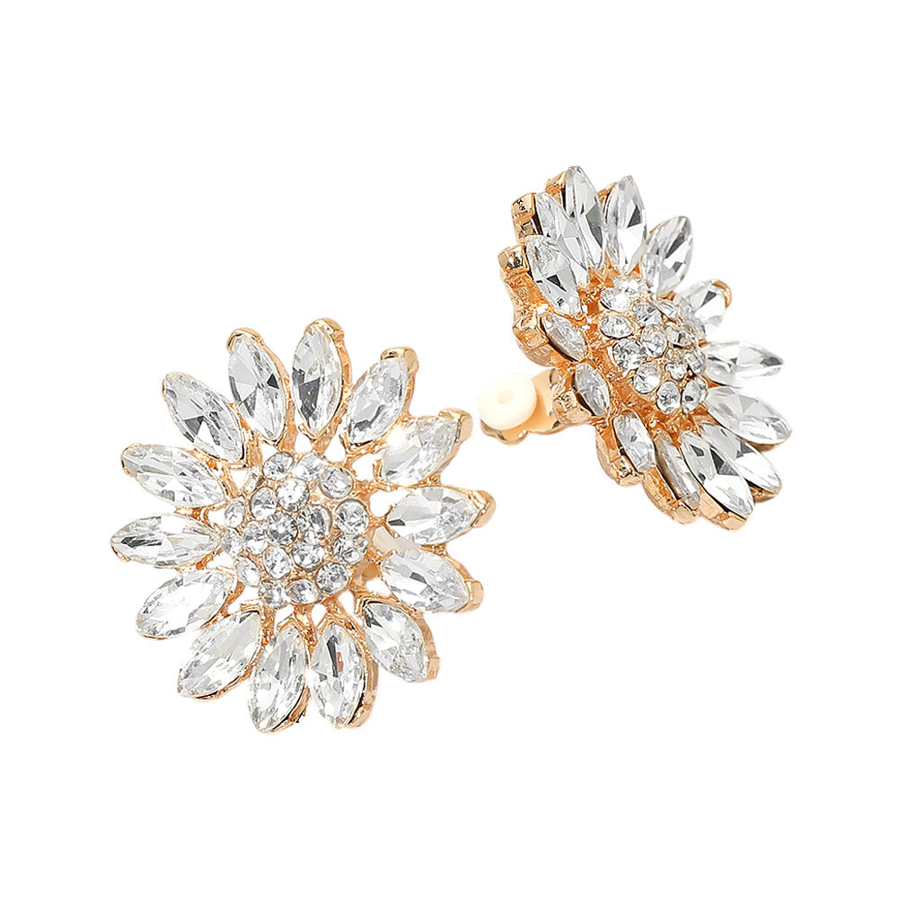 Marquise Stone Cluster Petal Flower Statement Clip On Earrings