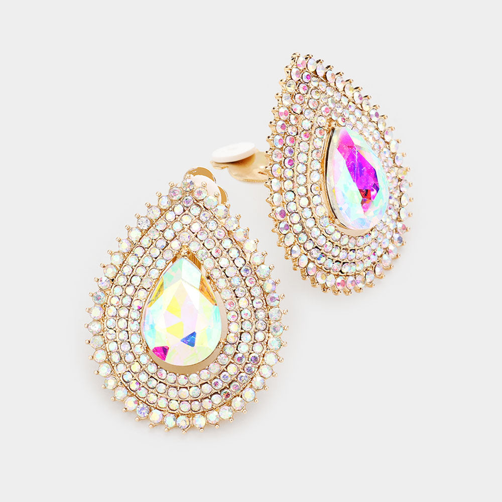 Teardrop Stone Center Evening Clip on Earrings