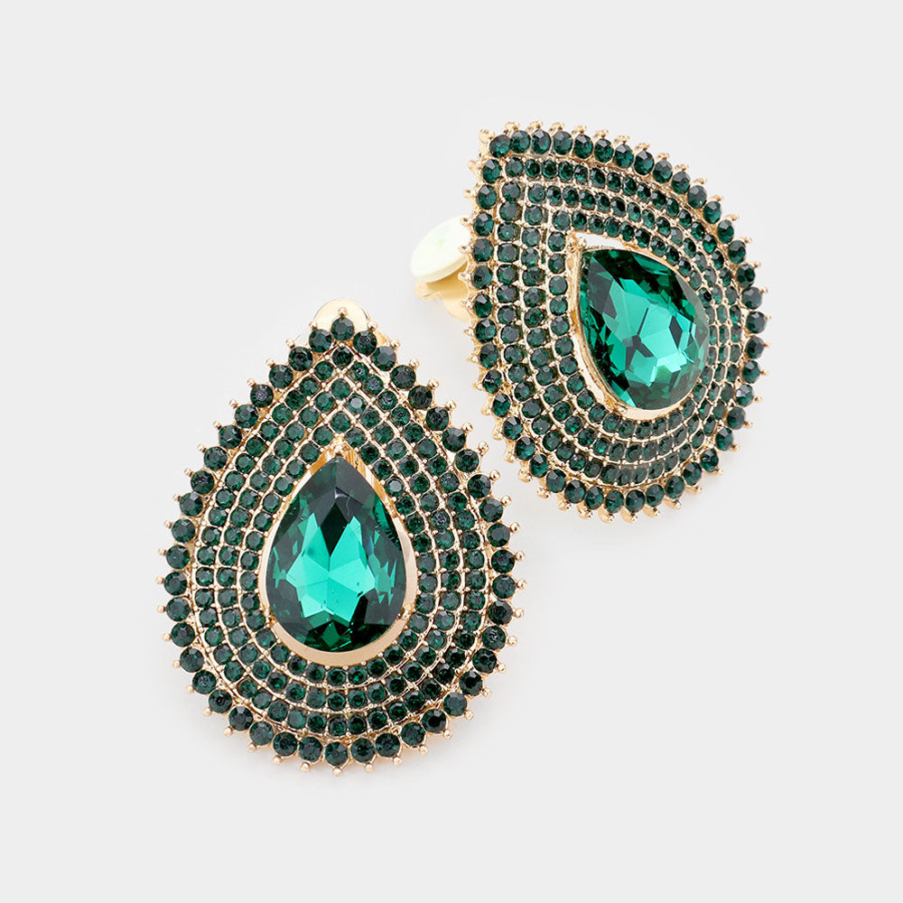 Teardrop Stone Center Evening Clip on Earrings