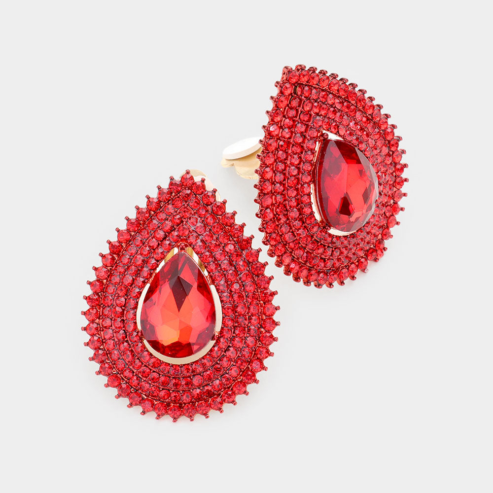 Teardrop Stone Center Evening Clip on Earrings