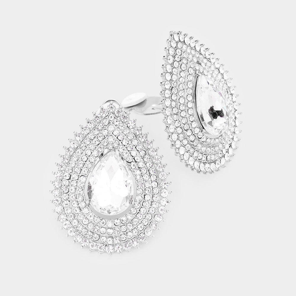 Teardrop Stone Center Evening Clip on Earrings
