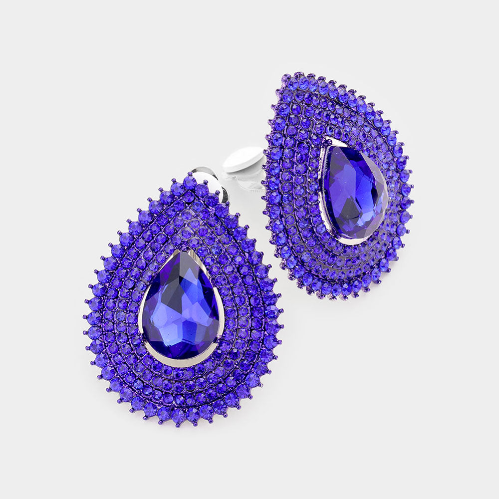 Teardrop Stone Center Evening Clip on Earrings